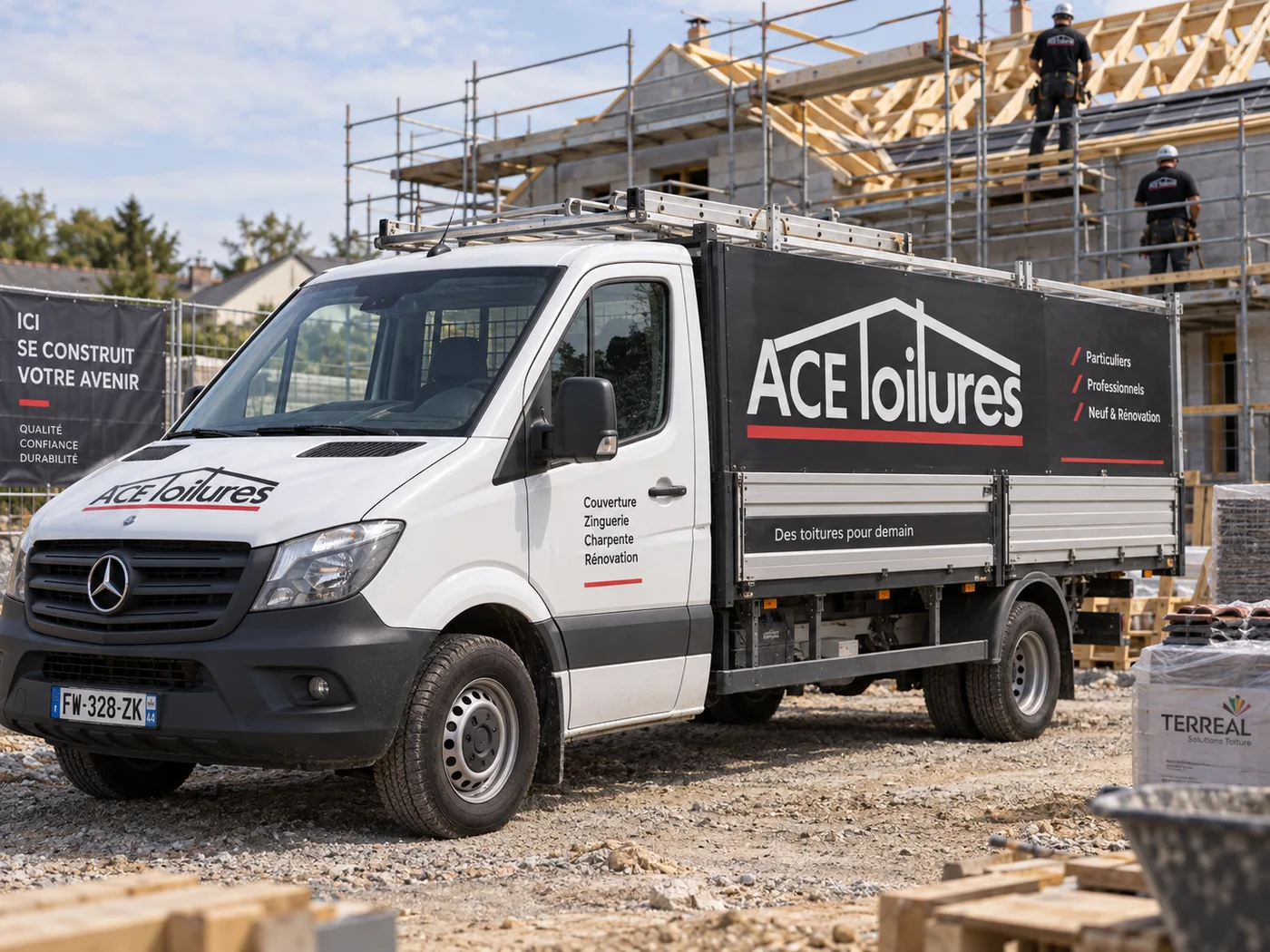 Camionnette floquée ACE Toitures sur un chantier