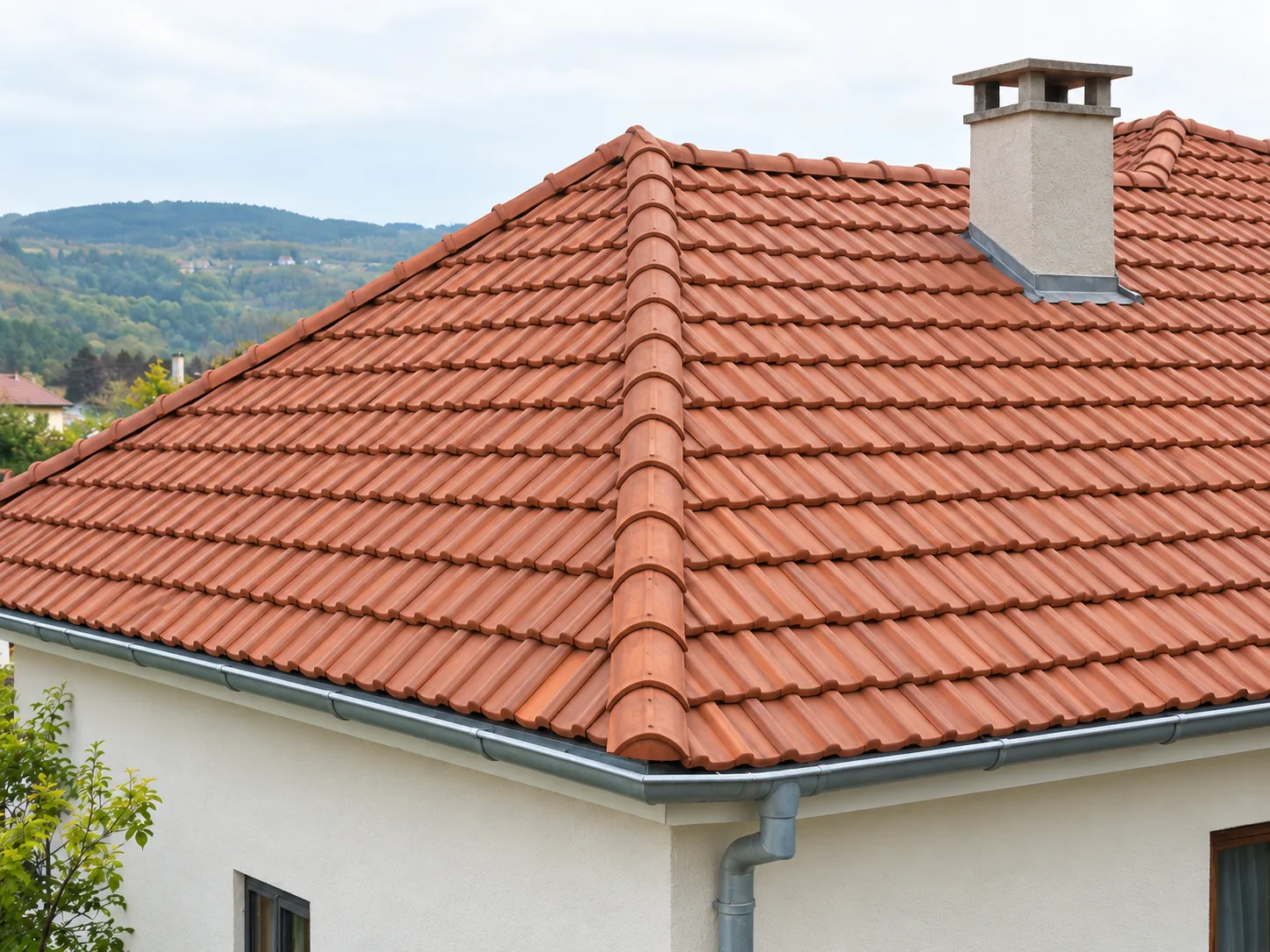 Toiture en tuiles entretenue, faîtage et gouttière en bon état