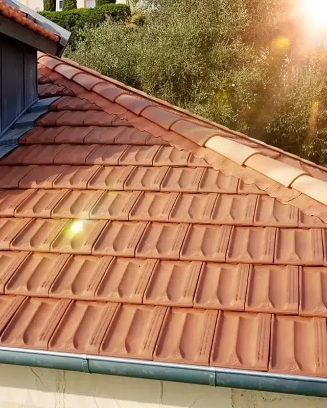 Gouttière en zinc en pied de toiture en tuiles